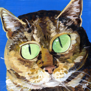 Acrylic painting of a brown tabby cat on a blue background