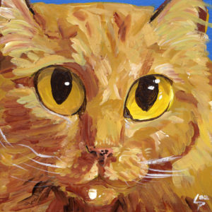 Acrylic painting of an orange cat on a blue background with a drop of milk on their chin