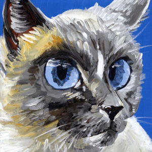 Acrylic painting of a siamese cat with blue eyes on a blue background