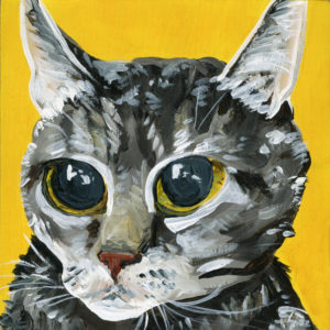 Acrylic painting of a grey tabby cat on a yellowbackground
