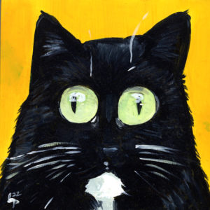 Acrylic painting of a mostly black cat with round green eyes on a yellow background