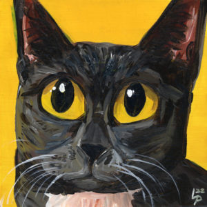 Acrylic painting of a grey cat on a yellow background