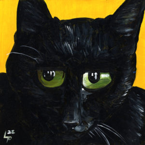 Acrylic painting of a black cat on a blackbackground